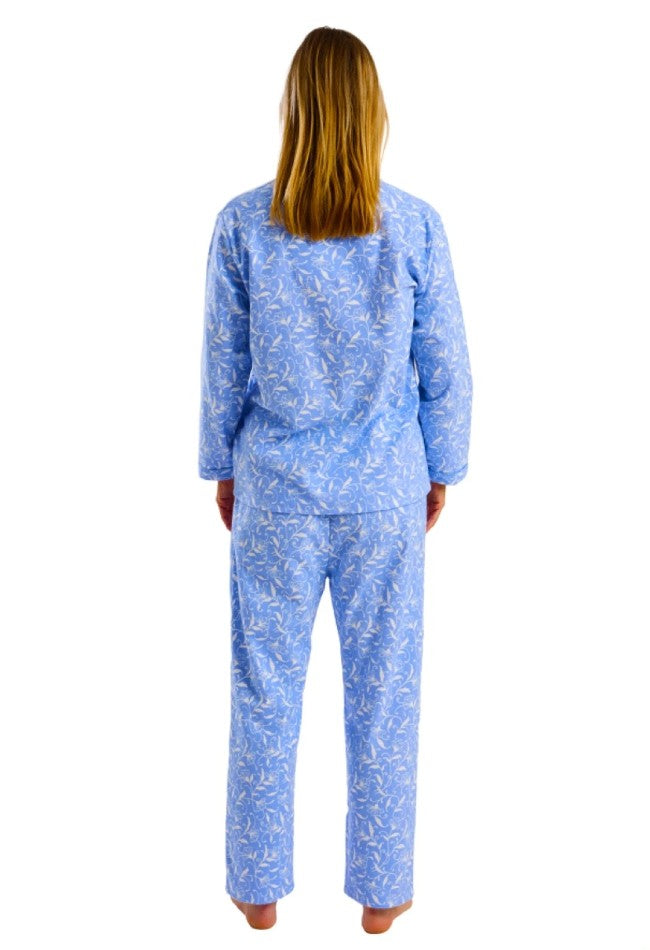 Ladies Brushed 100% Cotton Pretty Vines Wincyette Revere Collar Pyjamas