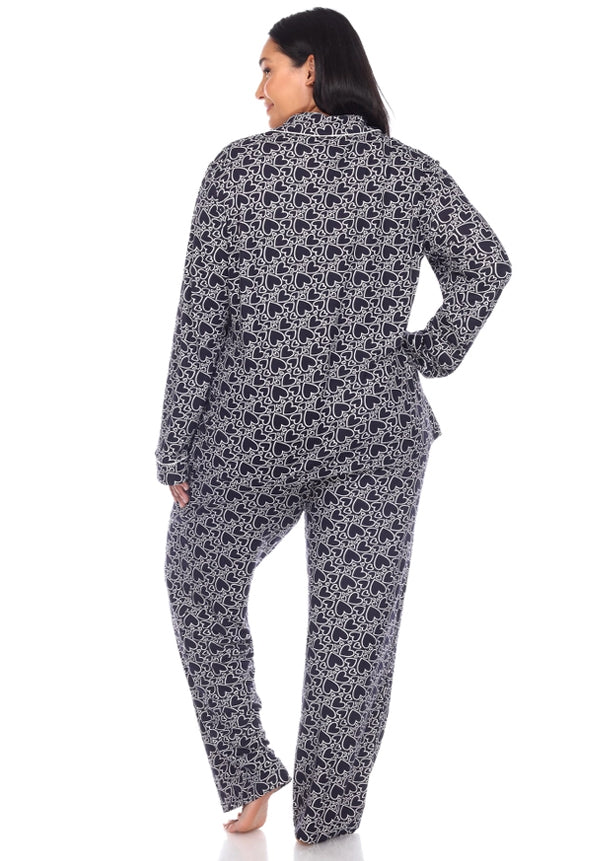 Plus Size Long Sleeve Heart Print Pajama Set - Navy Hearts