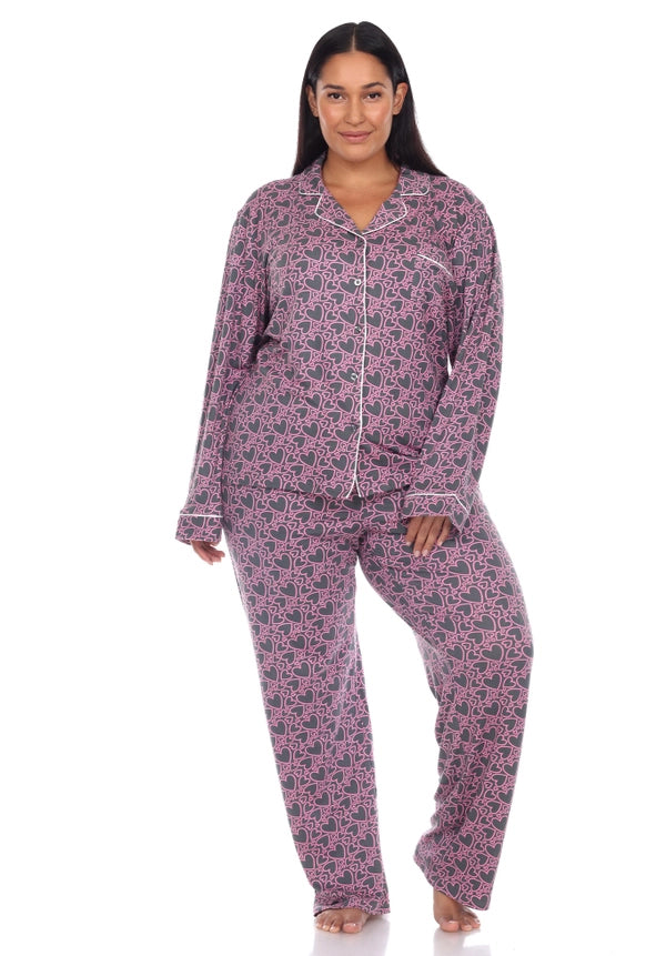 Plus Size Long Sleeve Heart Print Pajama Set - Grey Hearts