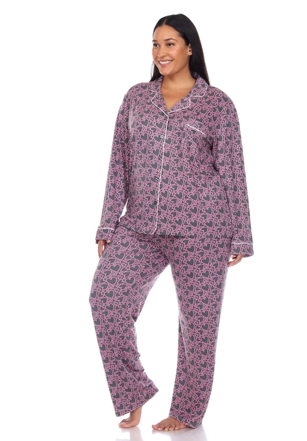 Plus Size Long Sleeve Heart Print Pajama Set - Grey Hearts