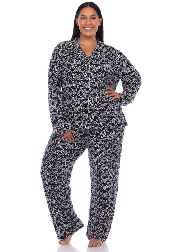 Plus Size Long Sleeve Heart Print Pajama Set - Navy Hearts