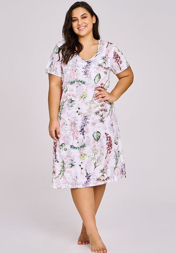 Leafy Print Cotton Nightdress Short Sleeves