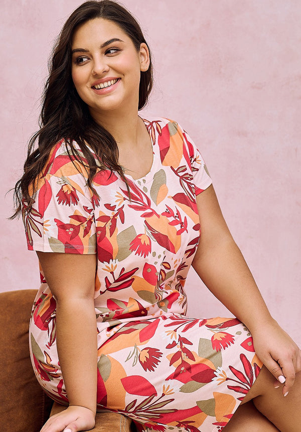 Geometric Flowers Cotton Nightdress Short Sleeves