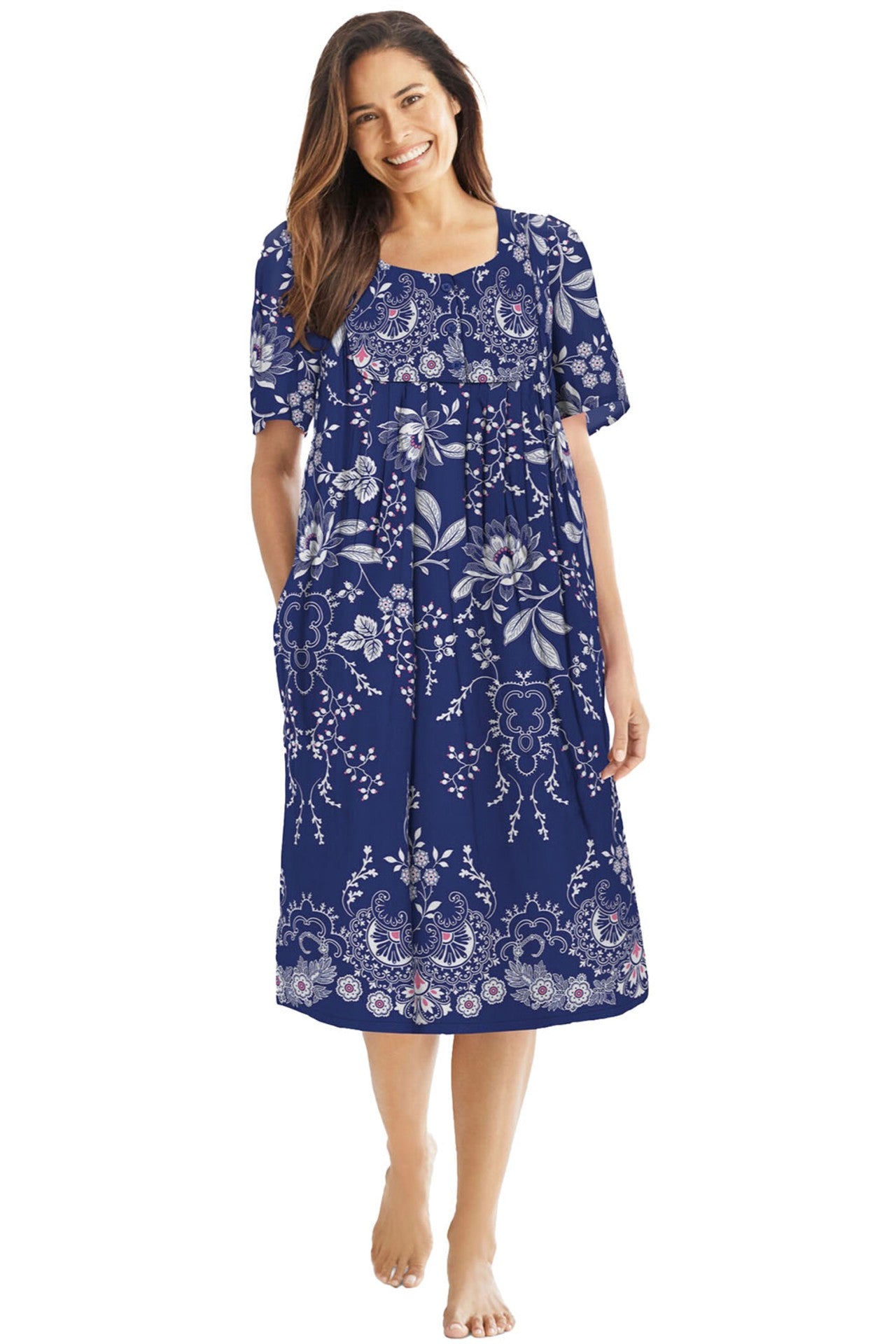 100% Cotton Navy Blue Vines Pocket Lounger Dress