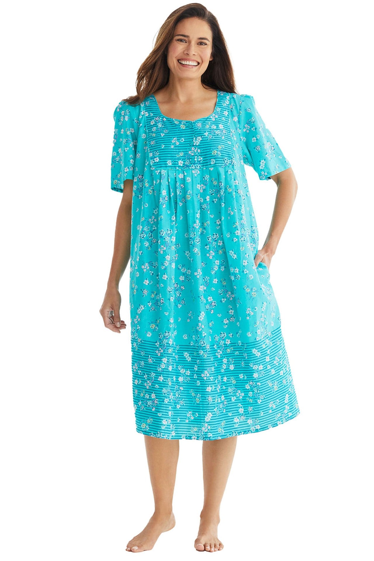 100% Cotton Aqua Floral Printed Short Lounger Dress