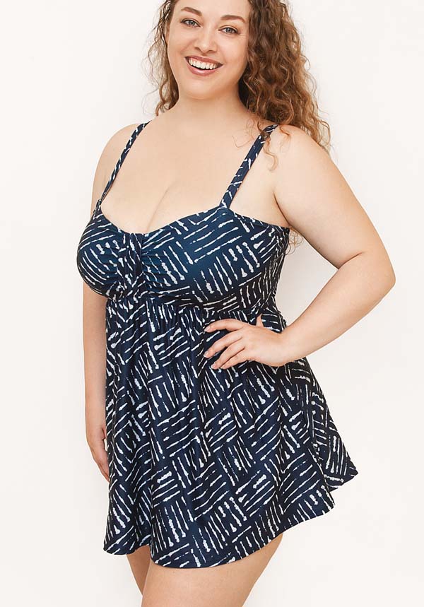Waffle Print Plus Size Swimdress with Wirefree Soft Bra D-E