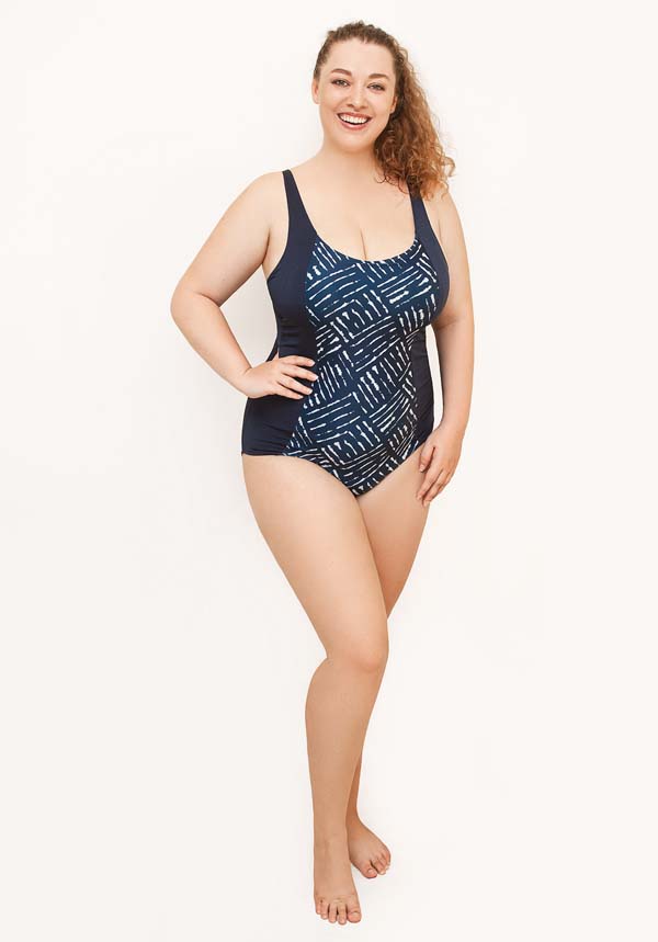 Waffle Print Onepiece Plus Size Bather with Wirefree Soft Bra D-E
