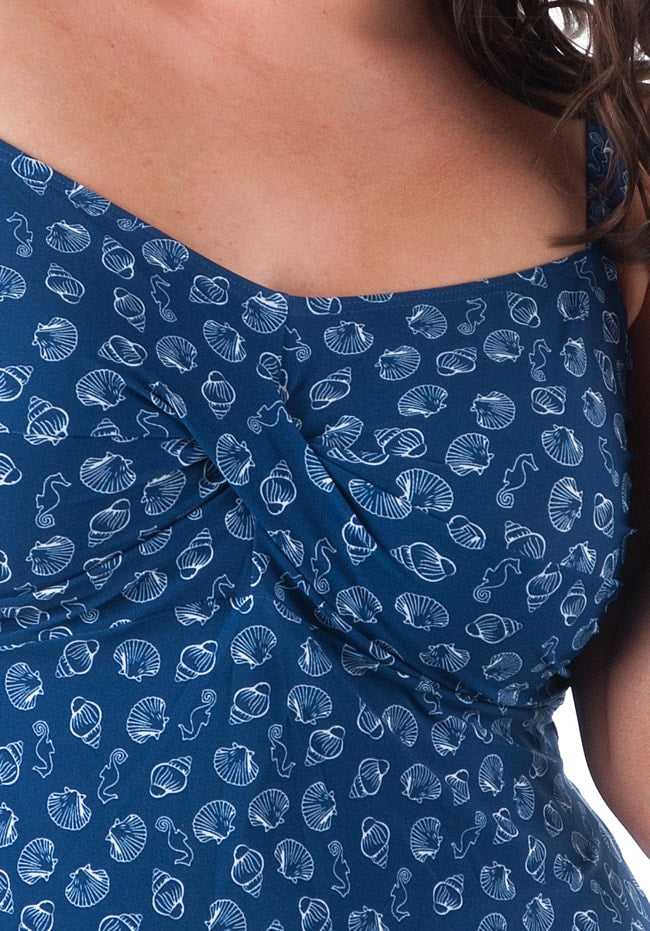 Shell Print Twisted Front Swimdress with Padded Bra C-E