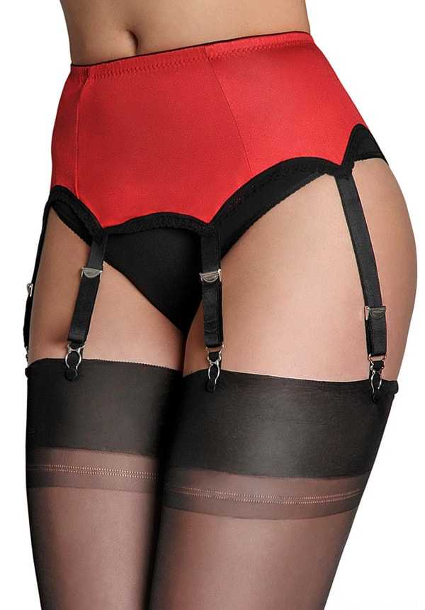 6 Strap Stretch-Satin Suspender Belt Red