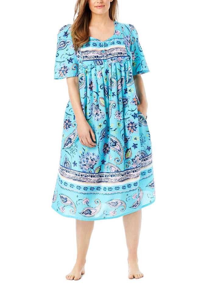 100% Cotton Teal Boho Border Printed Short Lounger Dress