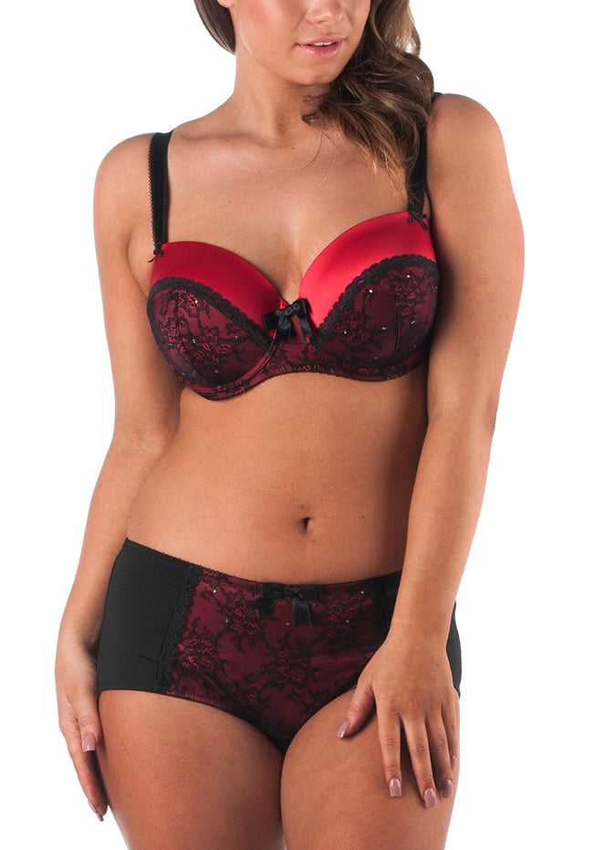 Plus Size Diamante Lace Satin Molded Bra & Hipster Set