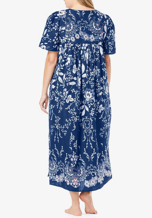 100% Cotton Navy Blue Vines Pocket Long Lounger Dress