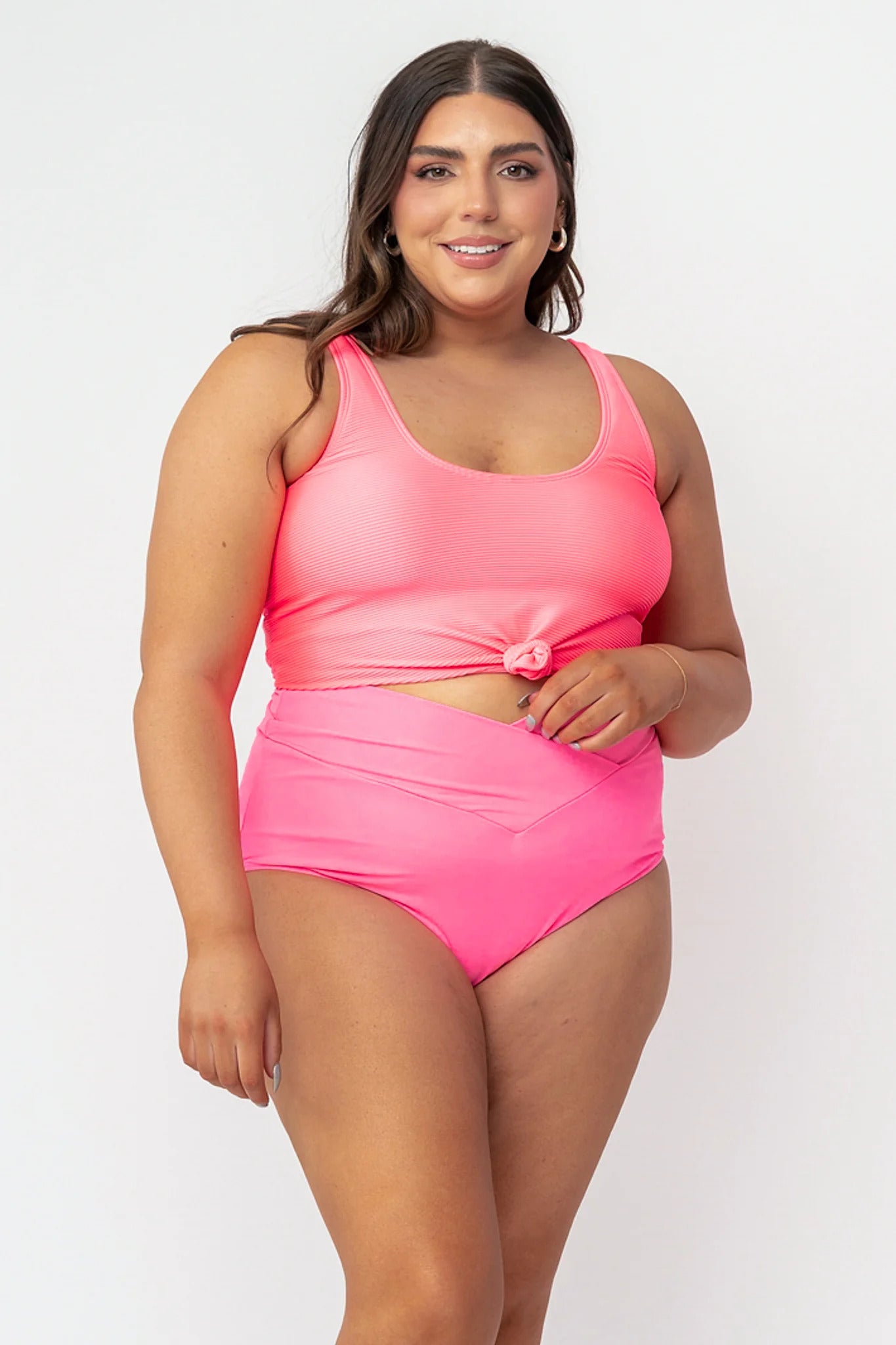 Knotted Front Rib Knit Tankini Top Pink