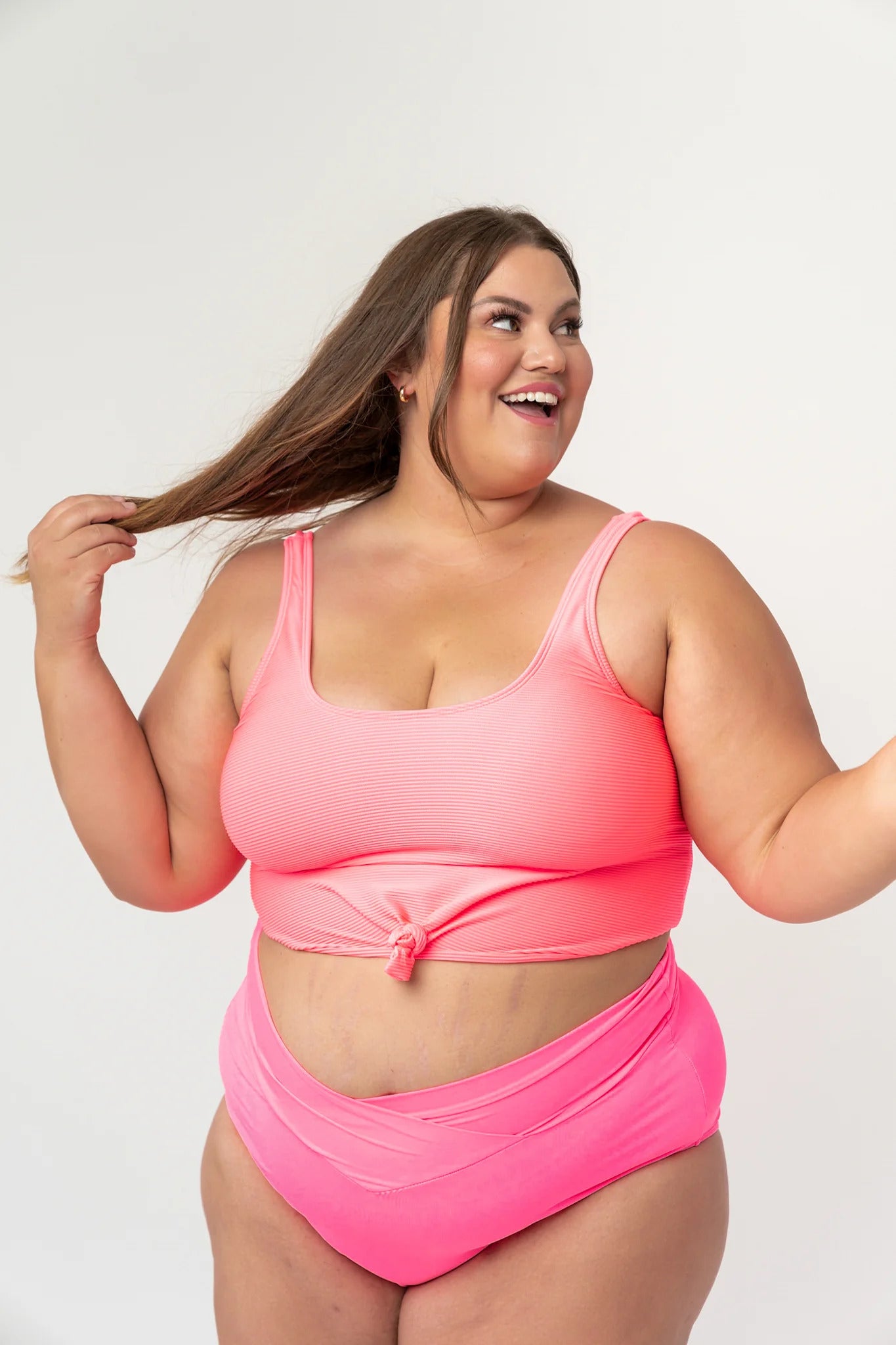 Knotted Front Rib Knit Tankini Top Pink