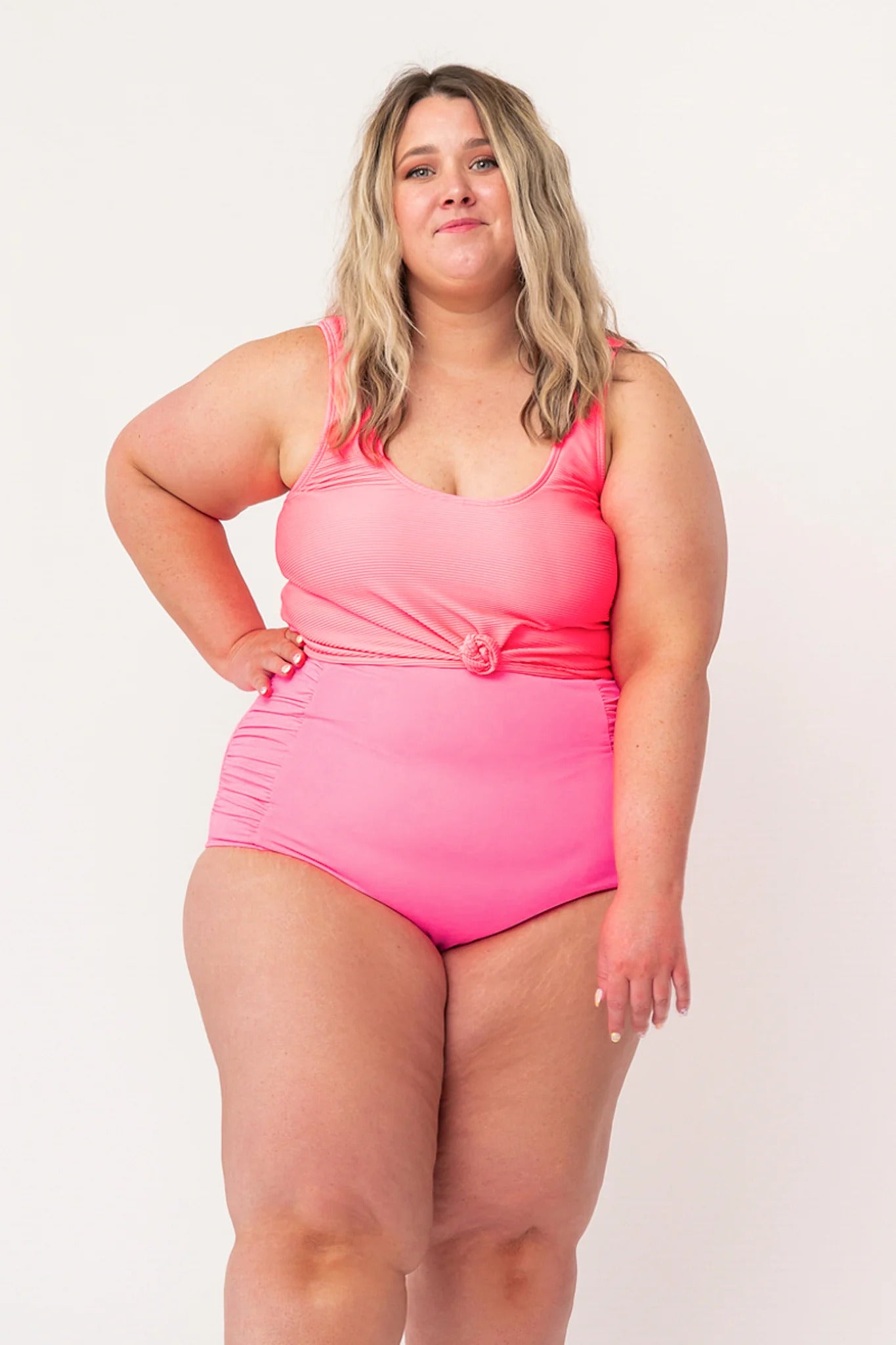 Knotted Front Rib Knit Tankini Top Pink