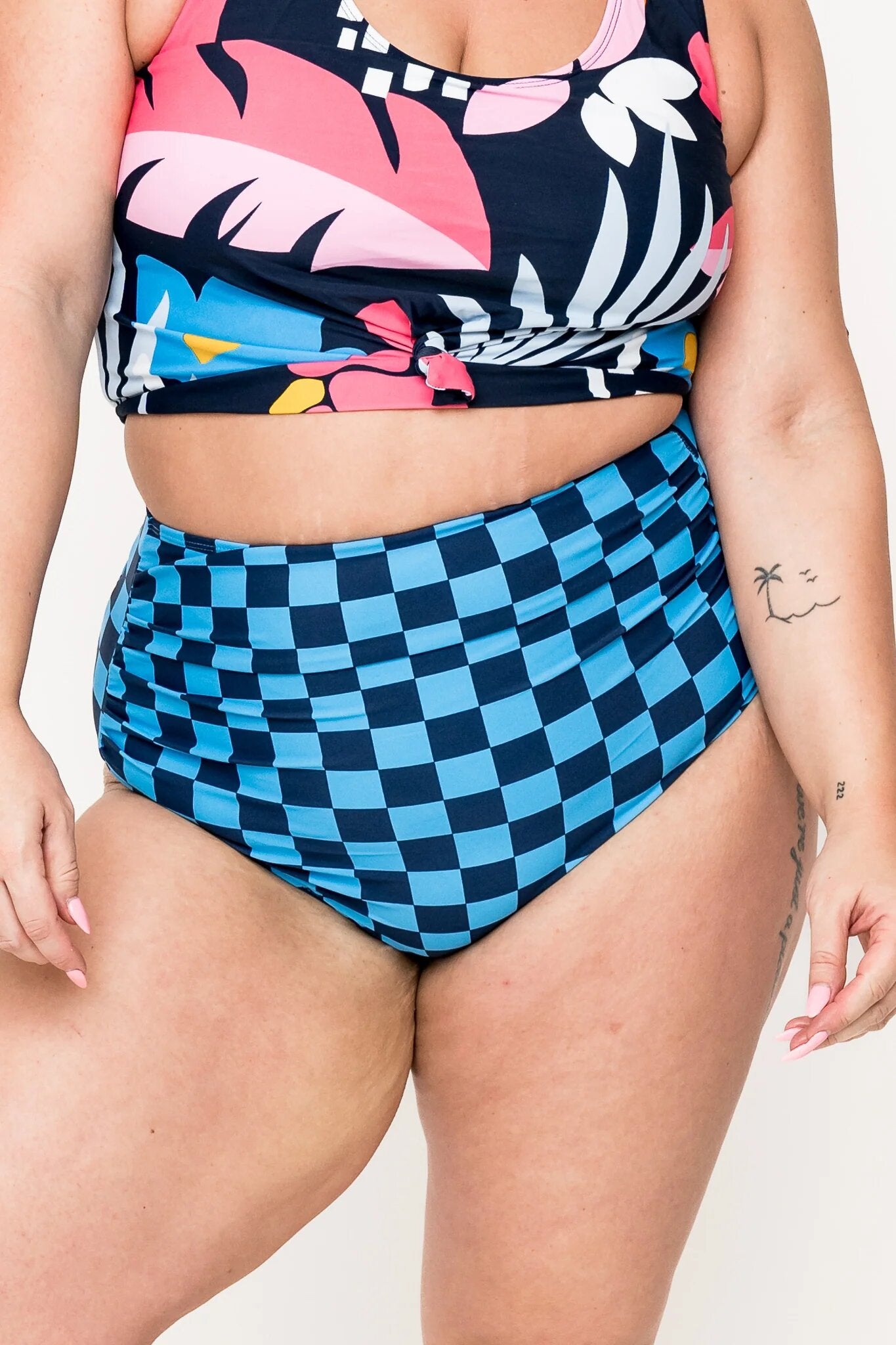 High Waisted Ruched Swim Bottom Blue Check