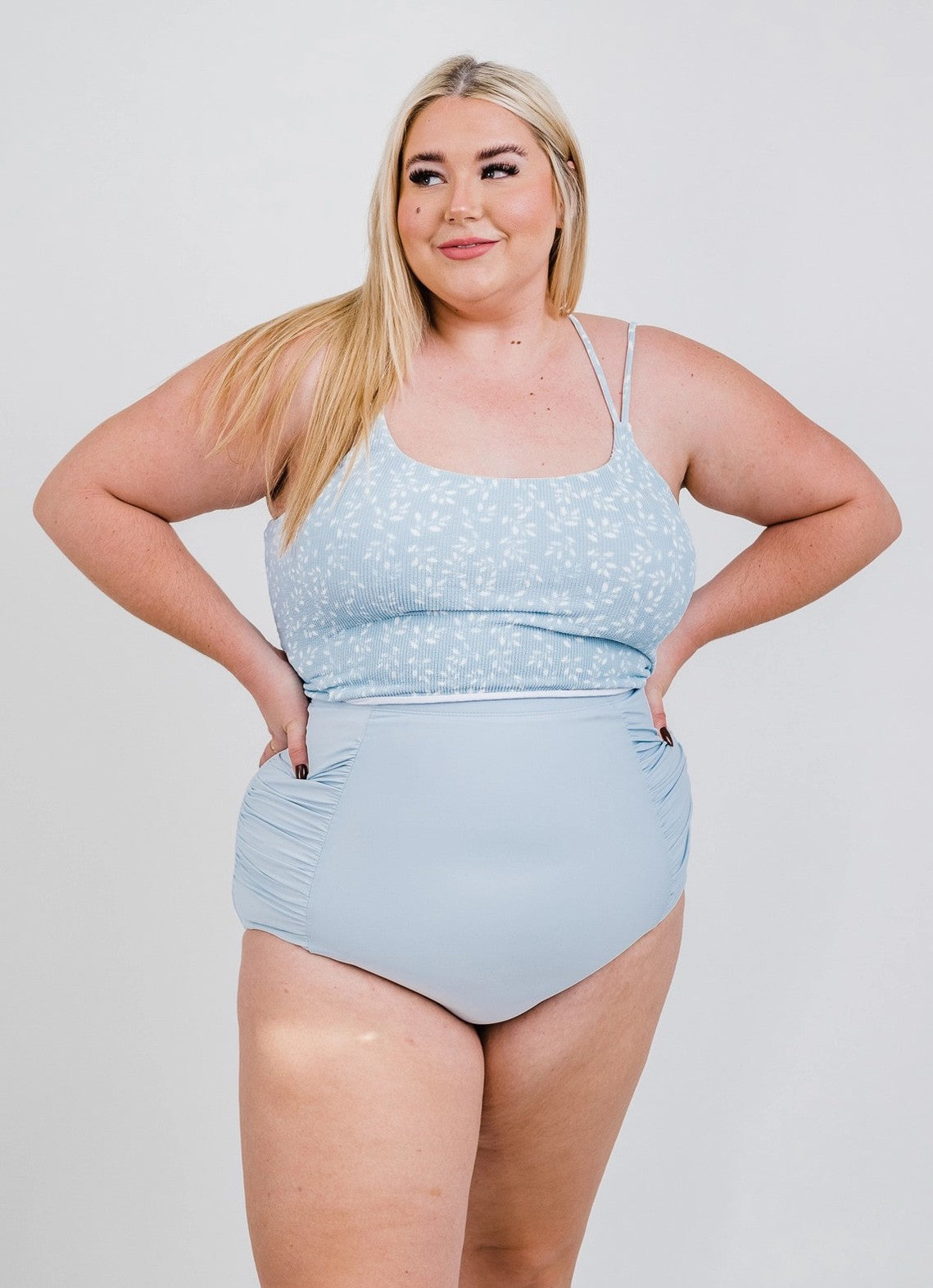 Leaf Print Double Strap Top Powder Blue