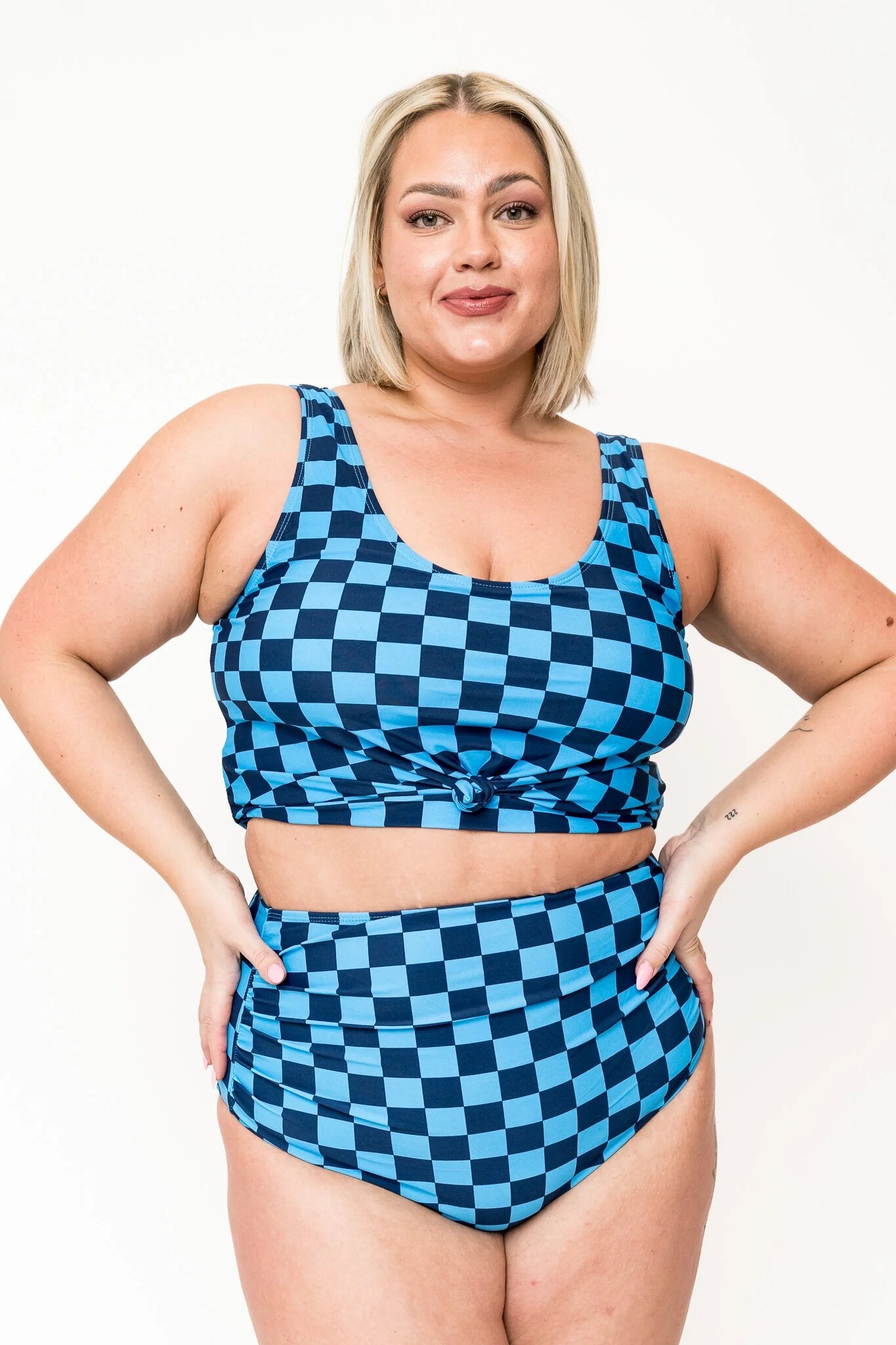 Knotted Front Swim Top Blue Check