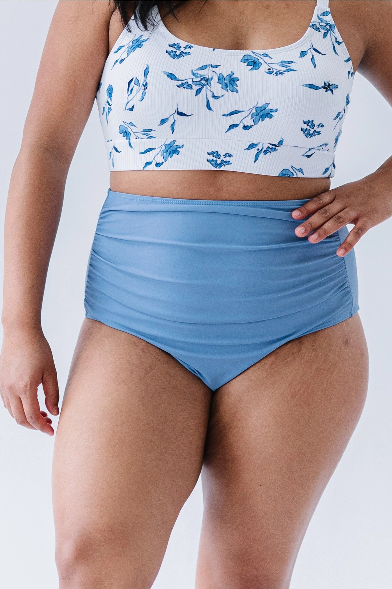 High Waisted Ruched Swim Bottom Surface Blue