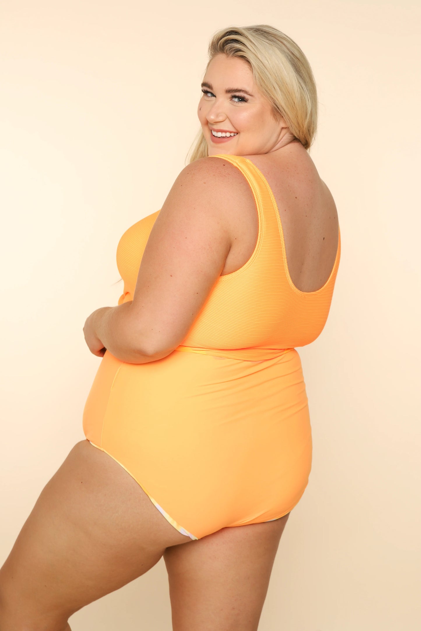 Knotted Front Neon Orange Rib Knit Tankini Top