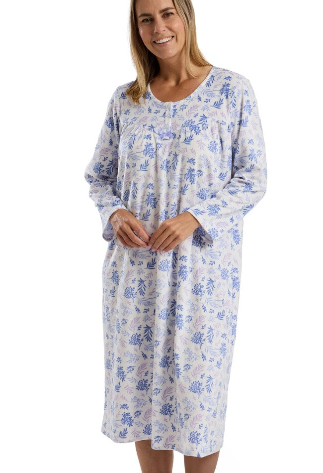 Ladies Thermal Brushed Leaf Print 40" Microfleece Long Sleeve Nightdress