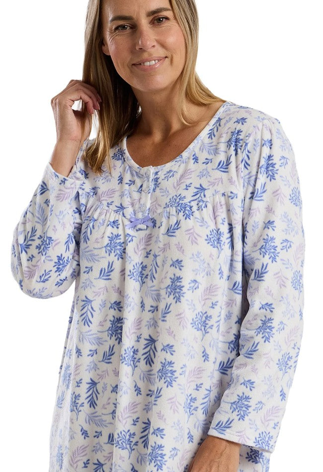 Ladies Thermal Brushed Leaf Print 40" Microfleece Long Sleeve Nightdress