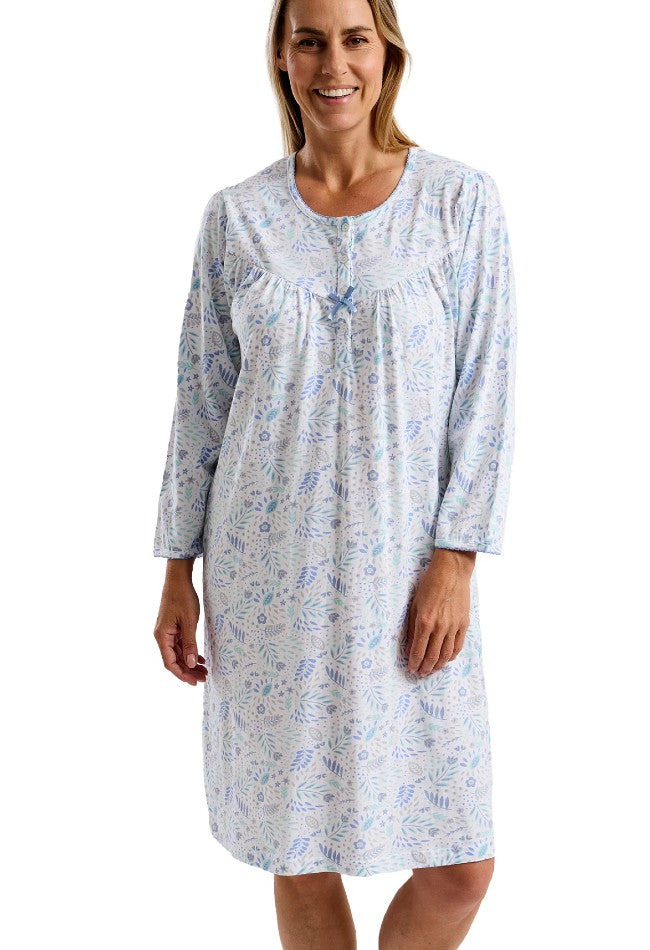 Ladies 40" Floral 100% Cotton Jersey Long Sleeve Nightdress