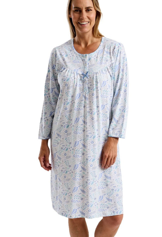 Ladies 40" Floral 100% Cotton Jersey Long Sleeve Nightdress