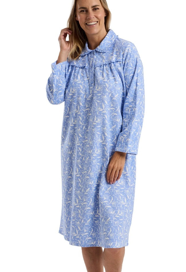 Ladies 40" Brushed 100% Cotton Print Long Sleeve Nightdress