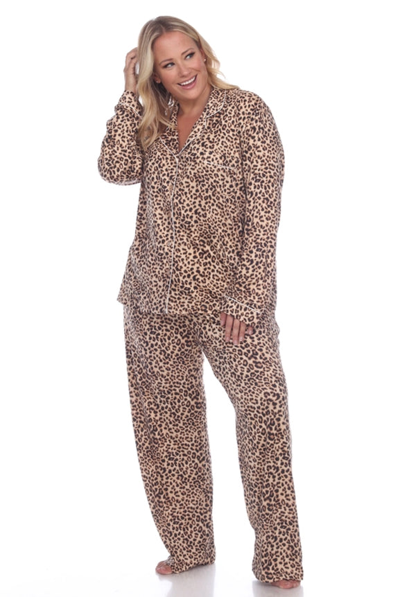 Plus Size Long Sleeve Pajama Set - Brown