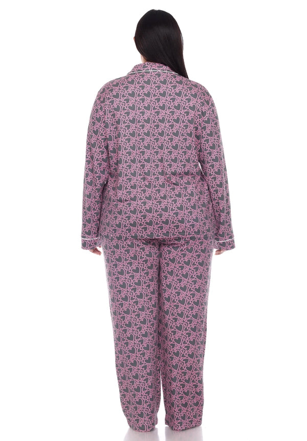 Plus Size Long Sleeve Heart Print Pajama Set - Grey Hearts