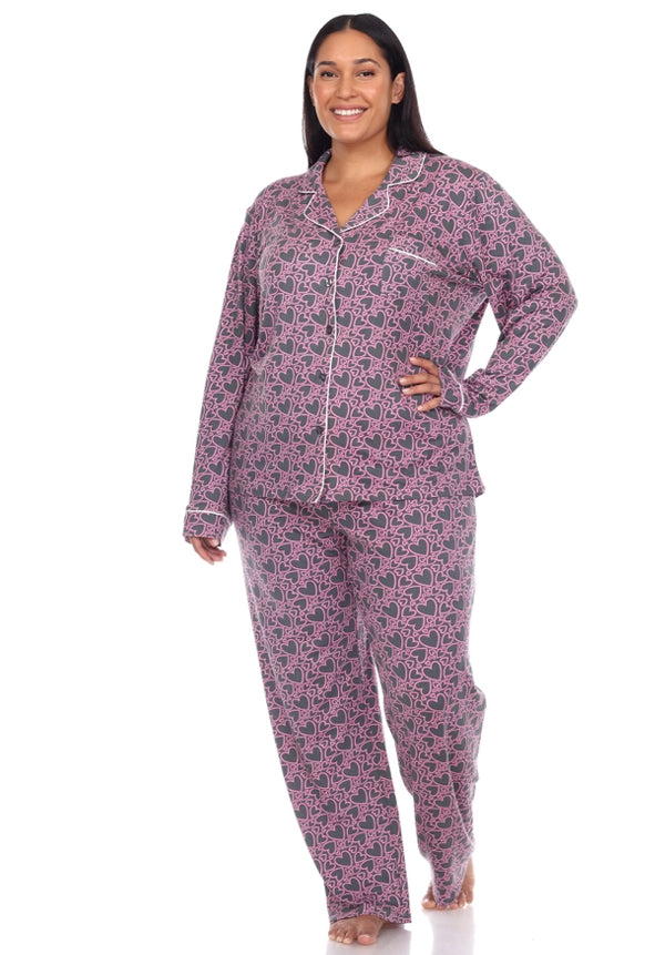 Plus Size Long Sleeve Heart Print Pajama Set - Grey Hearts
