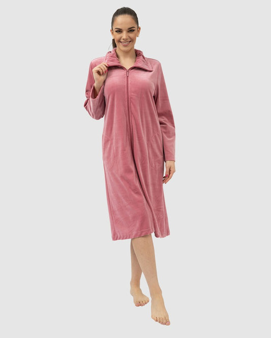 Niki Velour Zip Up Classic Cotton Robe Rosewine