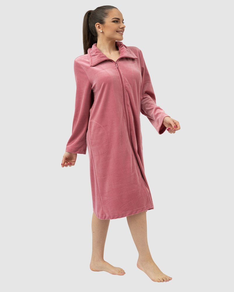 Niki Velour Zip Up Classic Cotton Robe Rosewine