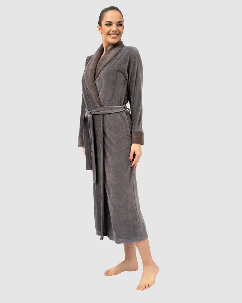 Aspen Shawl Collar Long Bamboo Velour Robe with Belt Volcanic