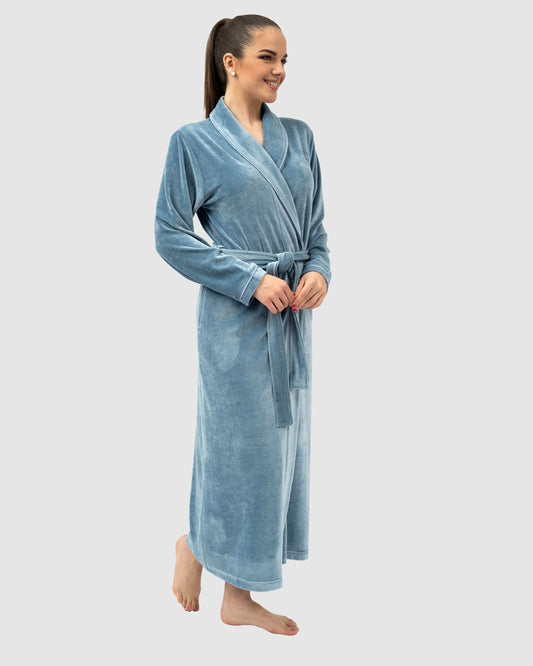 Geneve Modal and Cotton Long Robe with Shawl Collar Blue