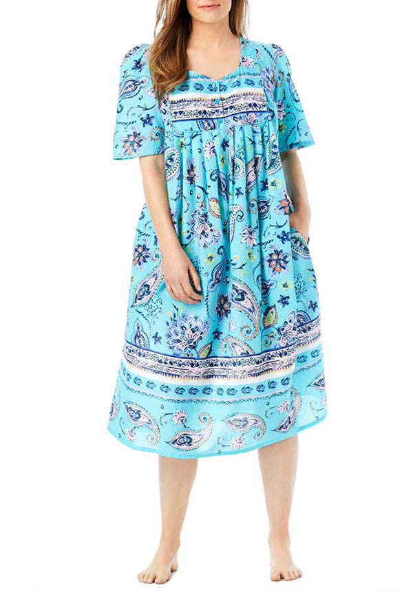 100% Cotton Teal Boho Border Printed Short Lounger Dress