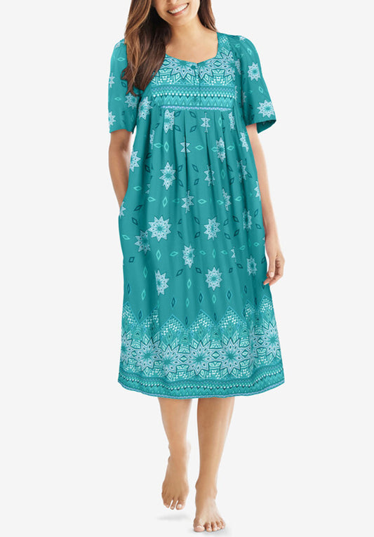 100% Cotton Teal Boho Border Printed Short Lounger Dress
