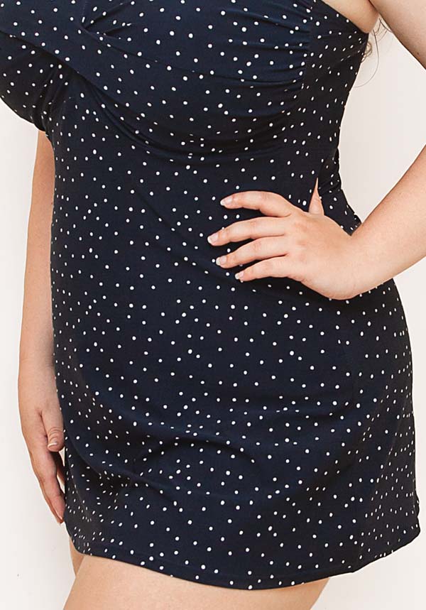 Navy Dotty Twisted Front Plus Size Swimdress with Soft Bra D-E