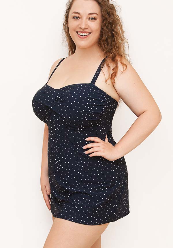 Navy Dotty Twisted Front Plus Size Swimdress with Soft Bra D-E