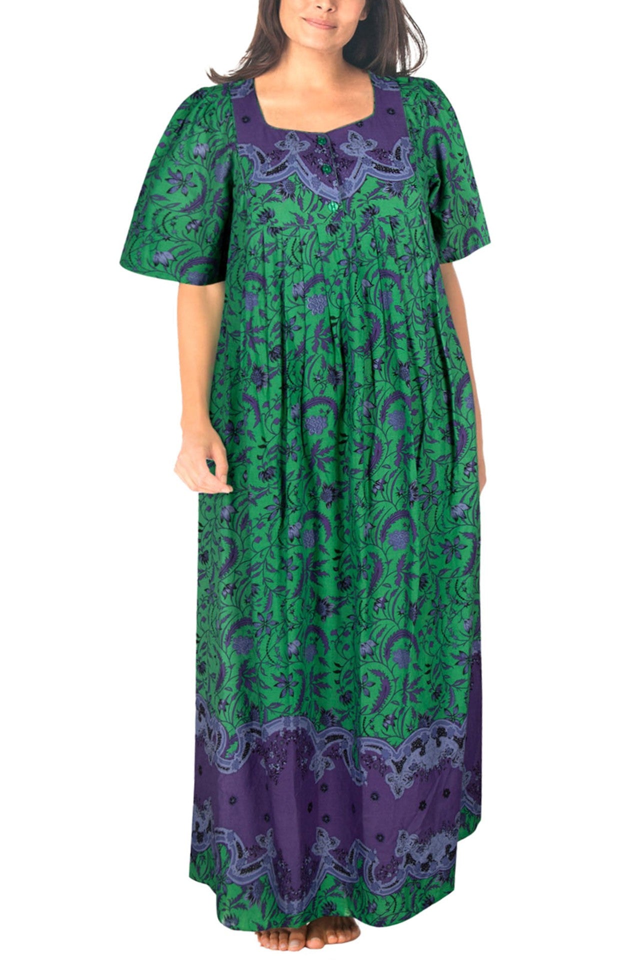 100% Cotton Green Floral Printed Long Lounger Dress