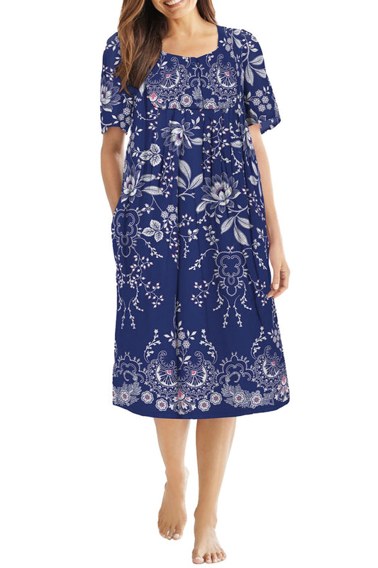 100% Cotton Navy Blue Vines Pocket Lounger Dress