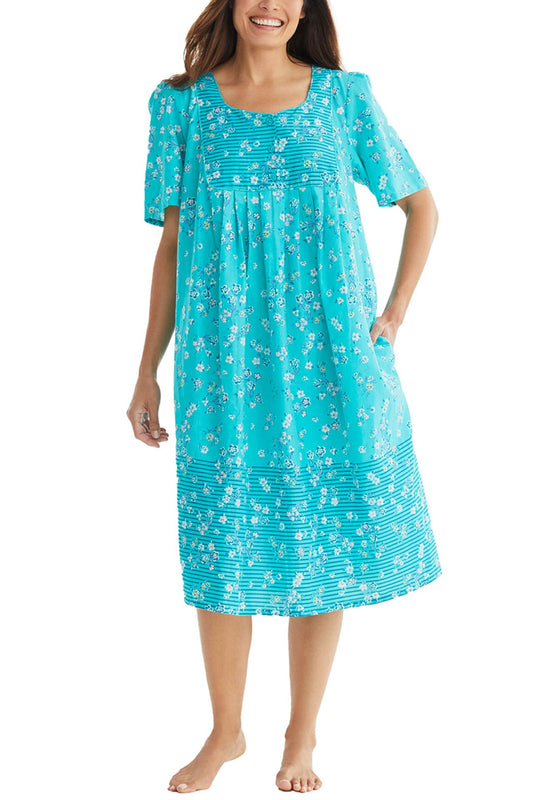 100% Cotton Aqua Floral Printed Short Lounger Dress
