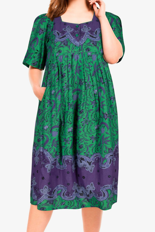 100% Cotton Green Floral Printed Short Lounger Dress