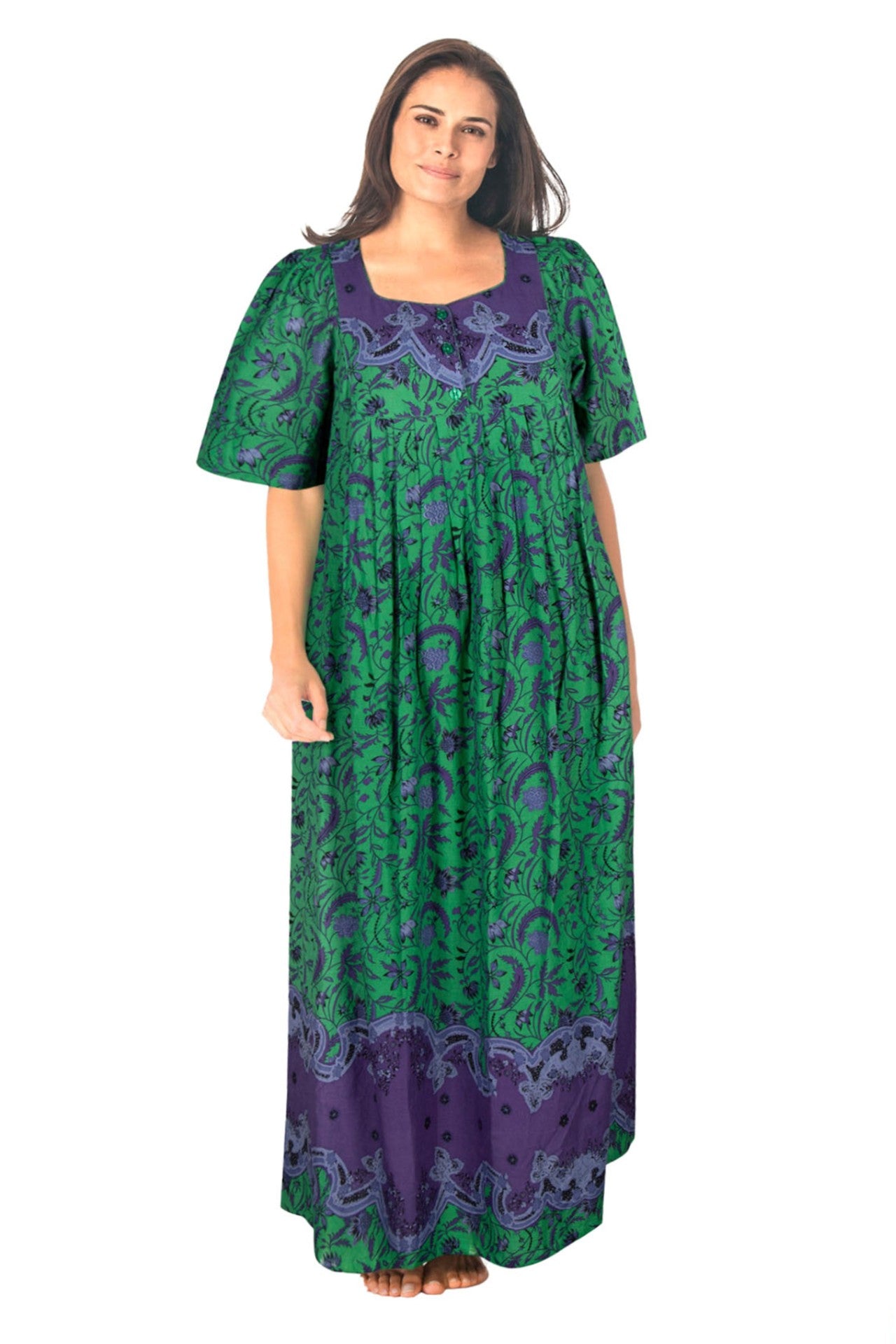 100% Cotton Green Floral Printed Long Lounger Dress