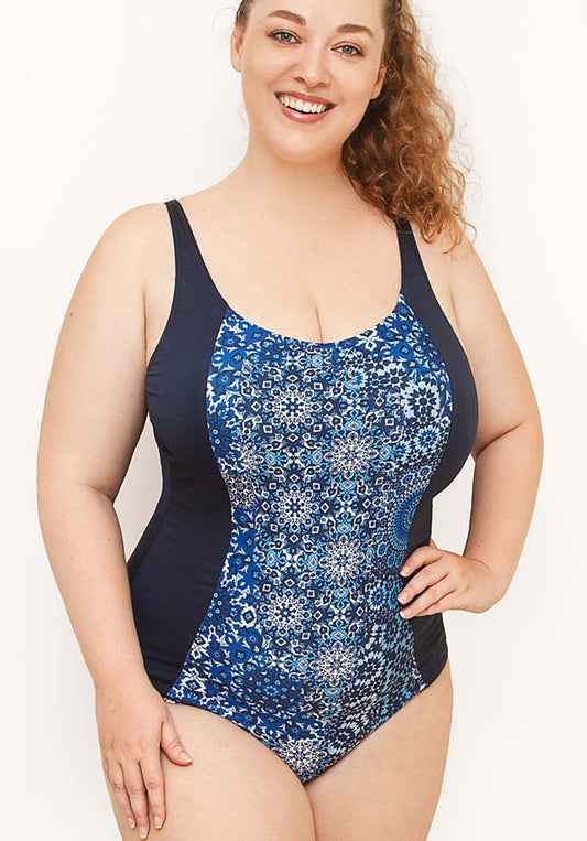 Onepiece Plus Size Bather with Wirefree Soft Bra D-E Moroccan Print