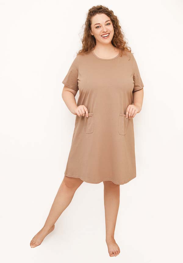 A Line Short Sleeves Plus Size Cotton Nightie with Pockets Sand