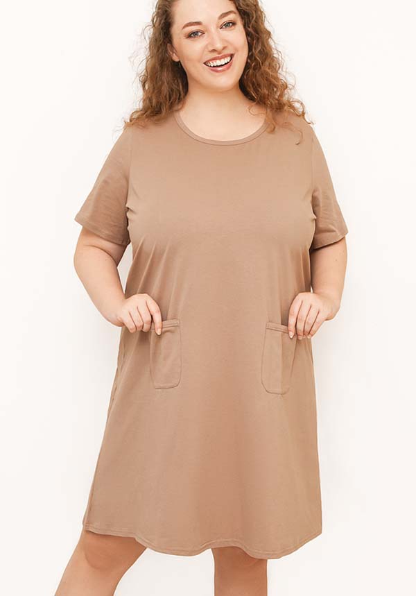 A Line Short Sleeves Plus Size Cotton Nightie with Pockets Sand