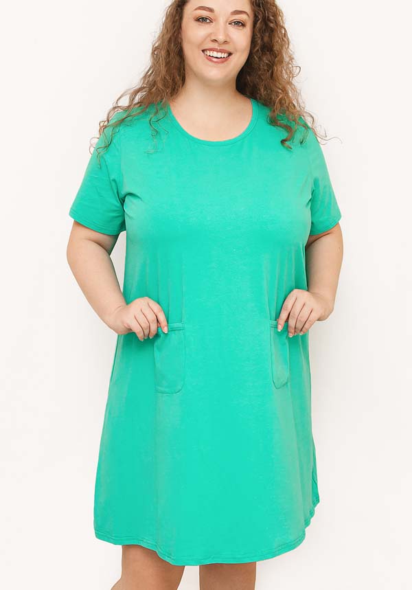 A Line Short Sleeves Plus Size Cotton Nightie with Pockets Apple