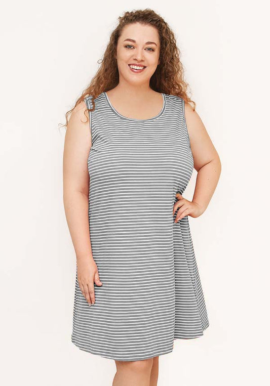 Plus Size Cotton Singlet Nightie in Relaxed Striped Grey